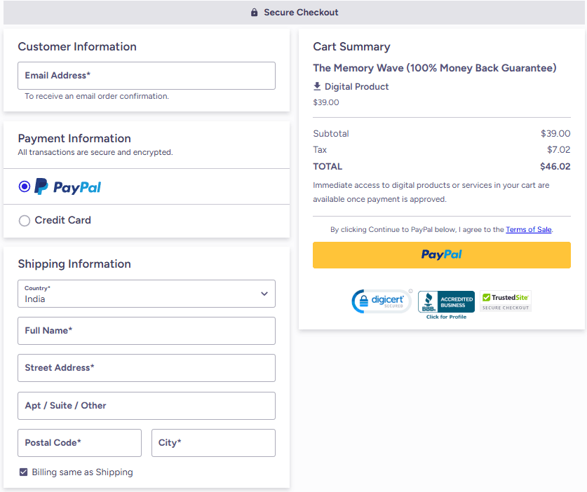 Secure checkout page for The Memory Wave official website